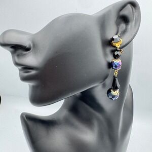 Gantos Vintage Black Purple Beaded Drop Dangle Earrings Gold Tone Iridescent